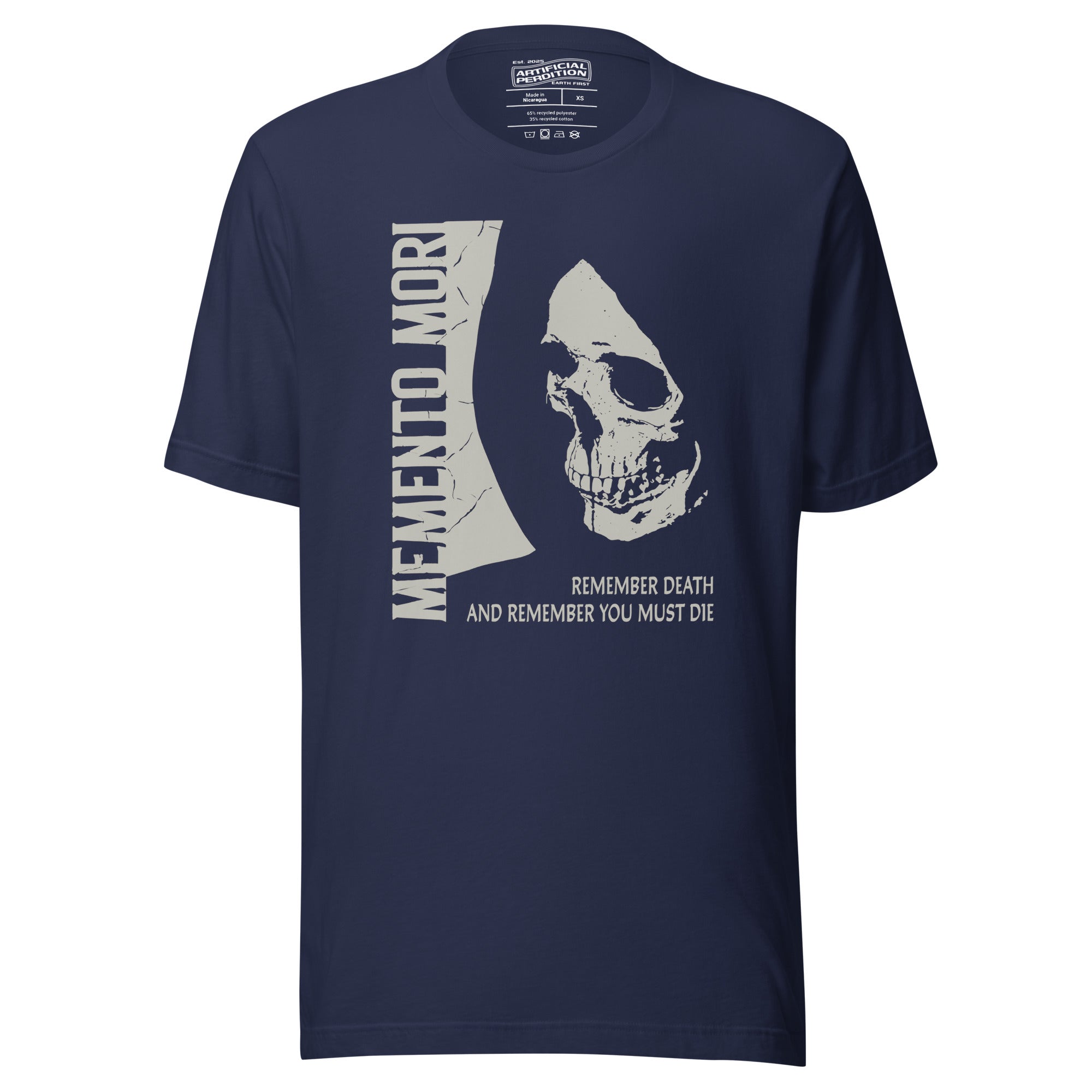 Cracked skull illustration in tombstone grey with vertical Memento Mori text and Remember Death translation, Artificial Perdition apparel
