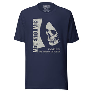 Cracked skull illustration in tombstone grey with vertical Memento Mori text and Remember Death translation, Artificial Perdition apparel