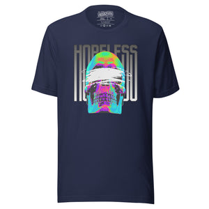 A blindfolded skull in thermal color, bold chrome lettering. Hopeless is a choice, not a diagnosis. Dark apparel from Artificial Perdition.