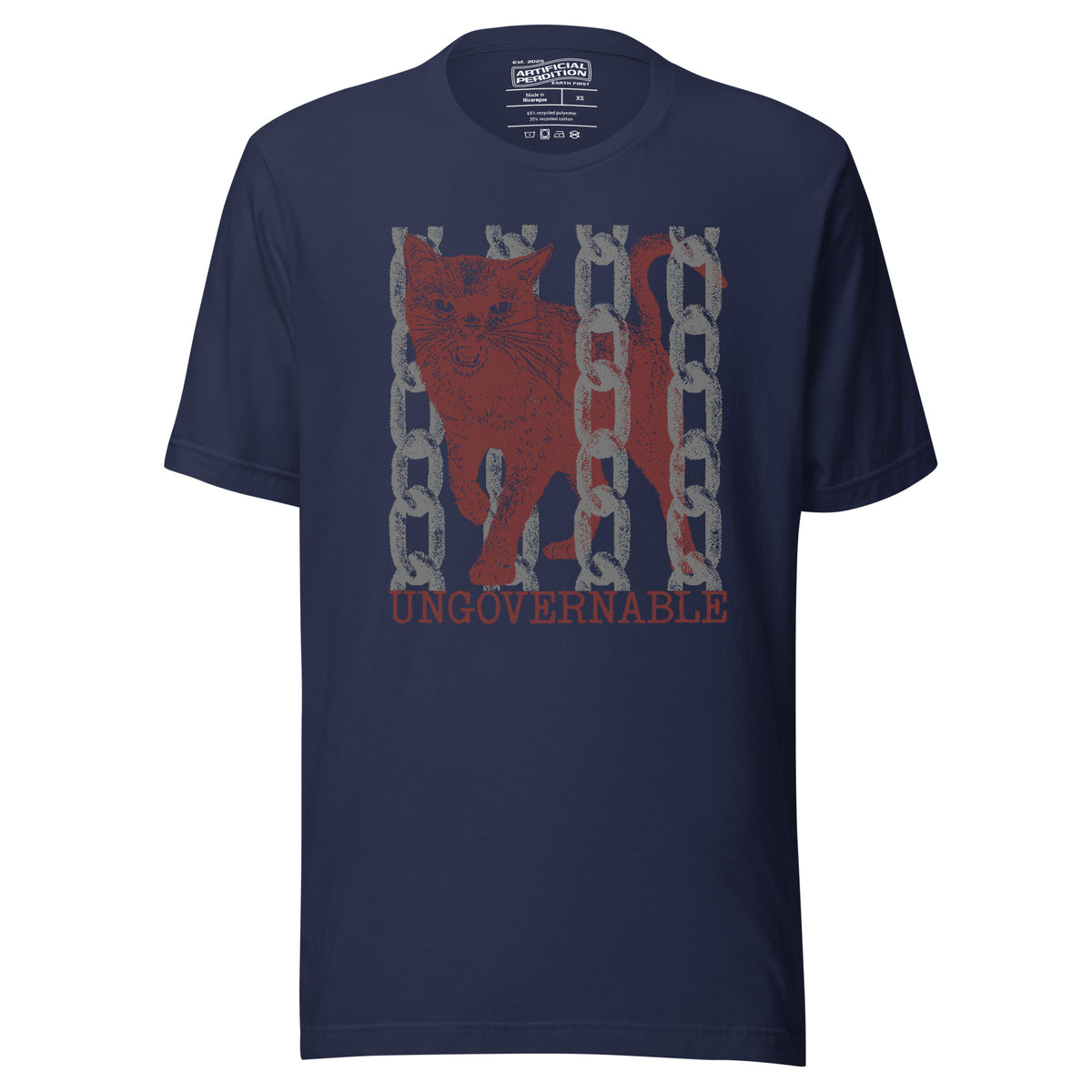 Product mockupSnarling cat breaking through chains with UNGOVERNABLE text, dithered halftone red on cream, Artificial Perdition apparel