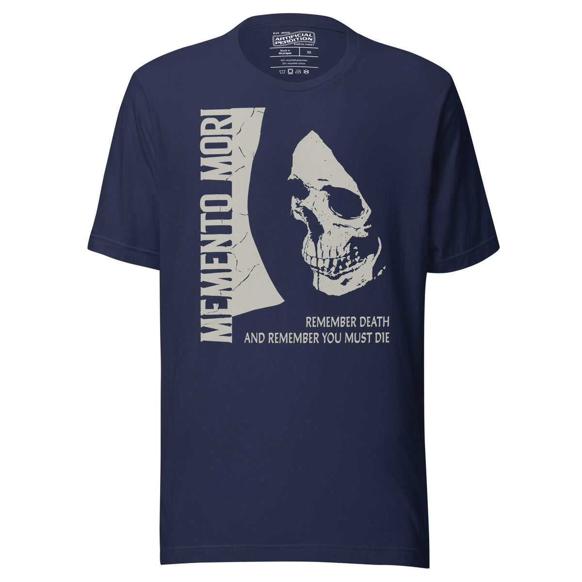 Cracked skull illustration in tombstone grey with vertical Memento Mori text and Remember Death translation, Artificial Perdition apparel