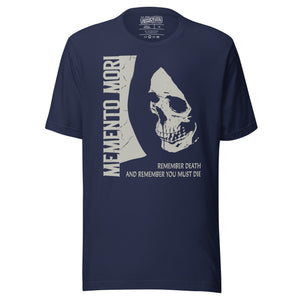 Cracked skull illustration in tombstone grey with vertical Memento Mori text and Remember Death translation, Artificial Perdition apparel
