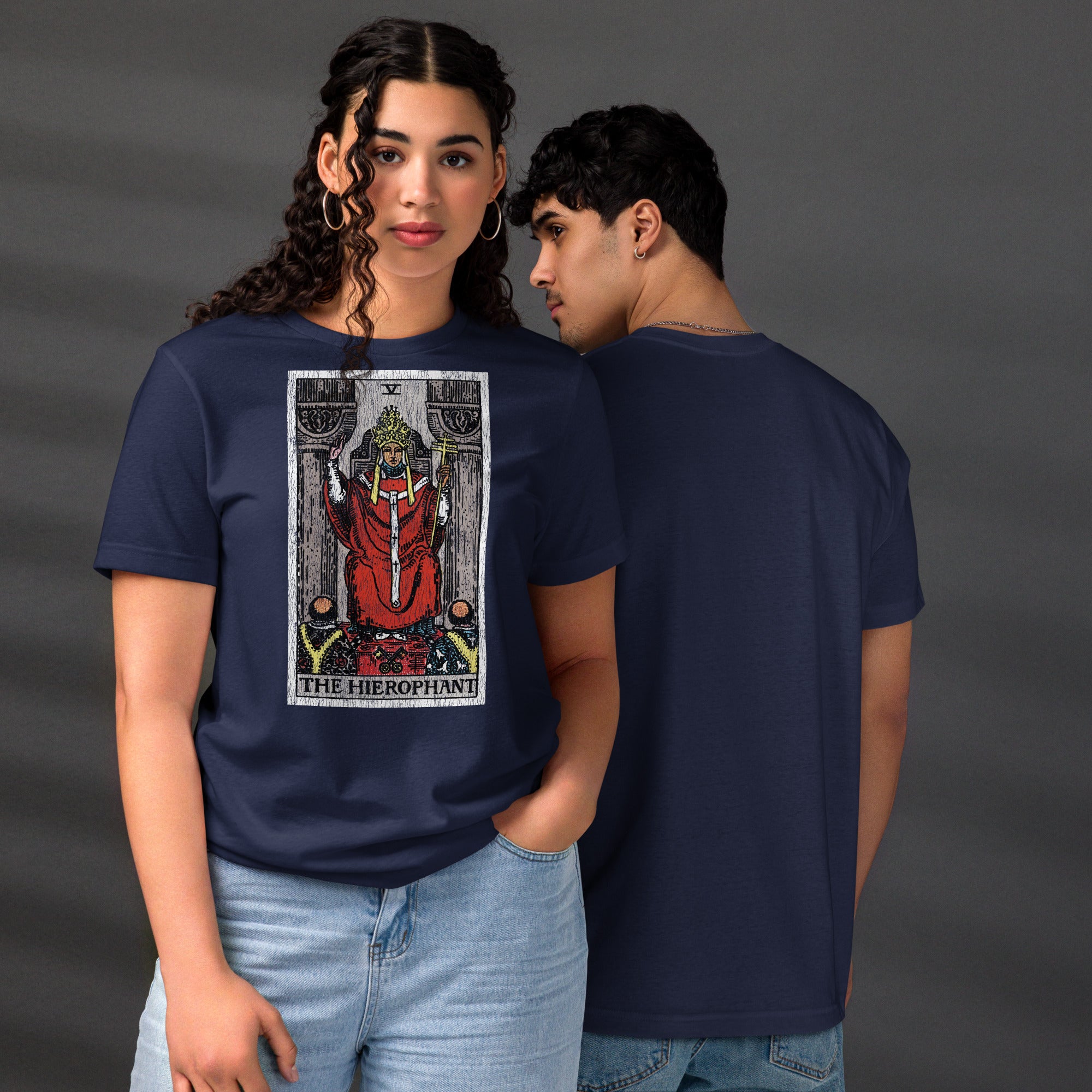 The Hierophant tarot card, triple-crowned figure seated between pillars with crossed keys and kneeling acolytes, Rider-Waite style, Artificial Perdition