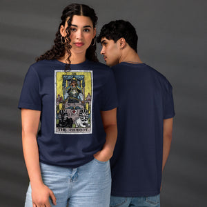 The Chariot tarot card, armored figure with starred crown riding chariot drawn by black and white sphinxes, city walls behind, Rider-Waite style, Artificial Perdition