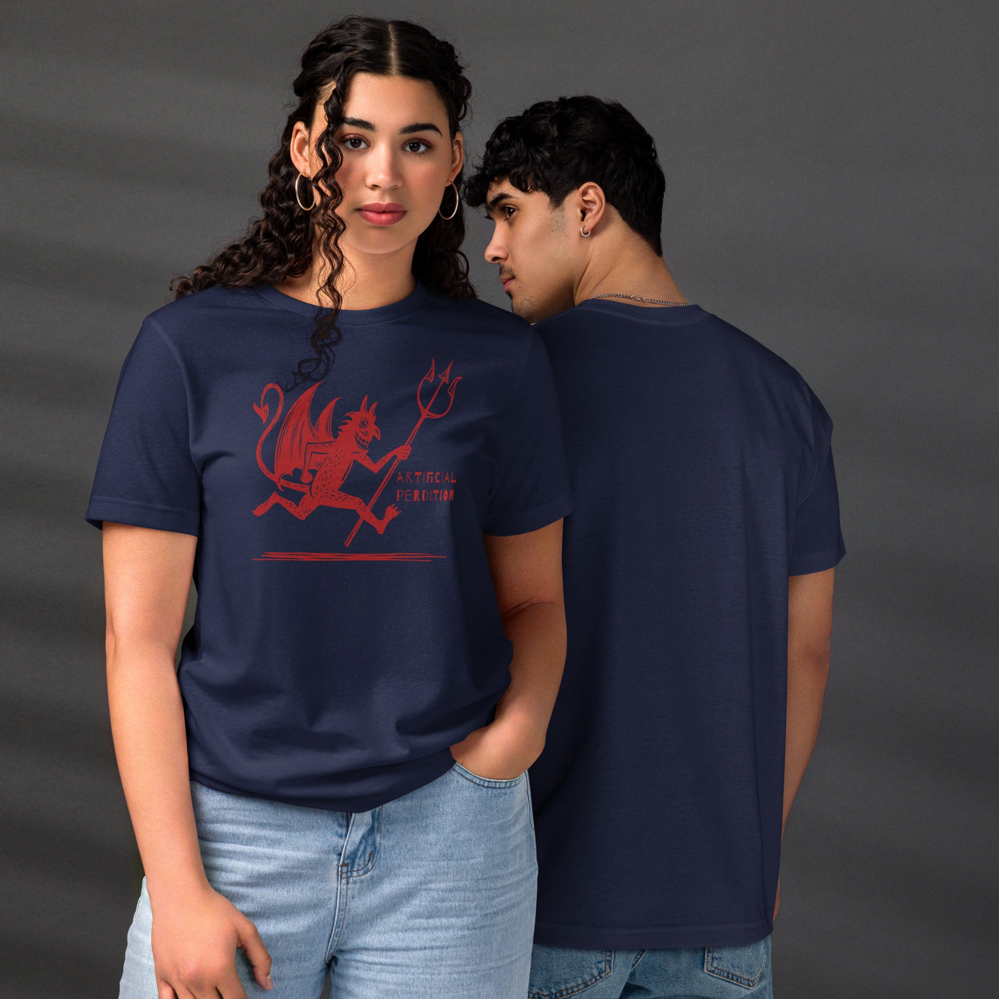 Artificial Perdition devil mascot, red illustrated devil mid-stride with trident and brand name, hand-drawn style on black, official logo tee