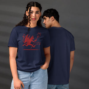 Artificial Perdition devil mascot, red illustrated devil mid-stride with trident and brand name, hand-drawn style on black, official logo tee