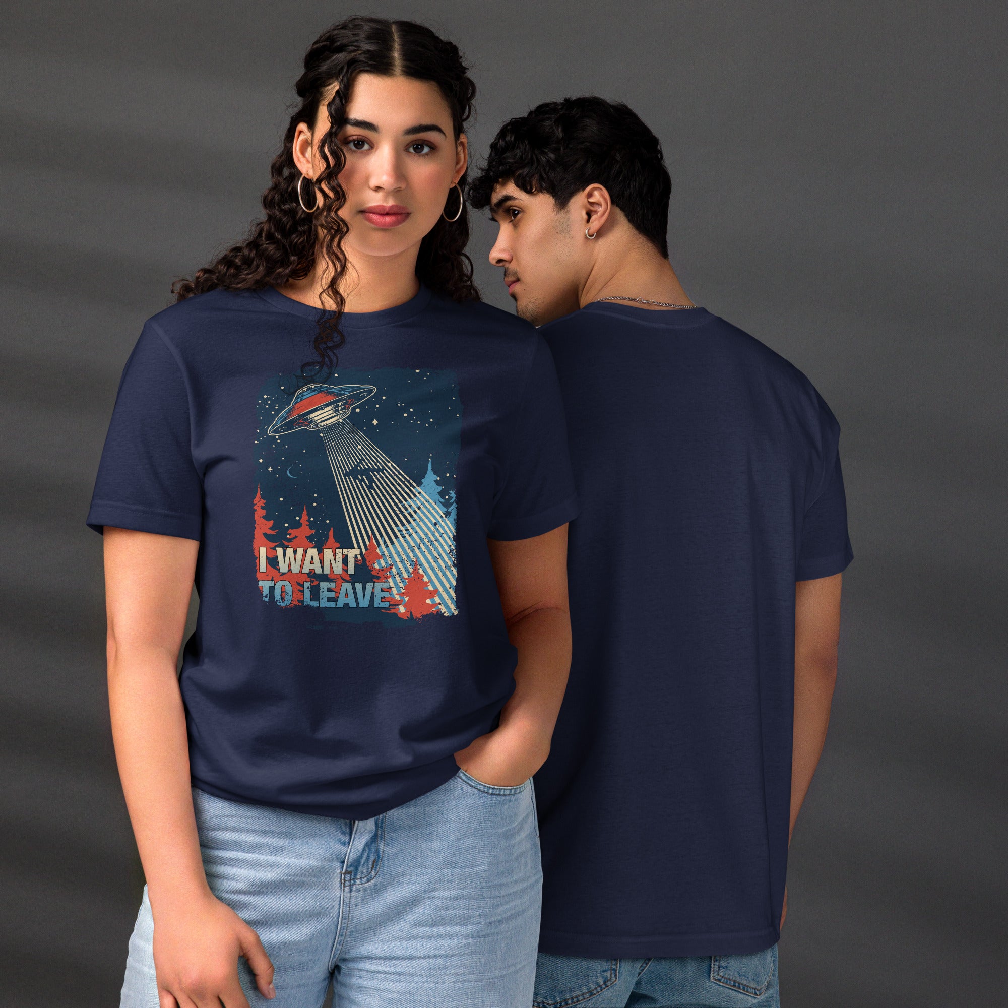 Retro poster style UFO beaming down into a midnight forest with I WANT TO LEAVE text, red and blue palette, Artificial Perdition apparel
