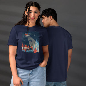 Retro poster style UFO beaming down into a midnight forest with I WANT TO LEAVE text, red and blue palette, Artificial Perdition apparel