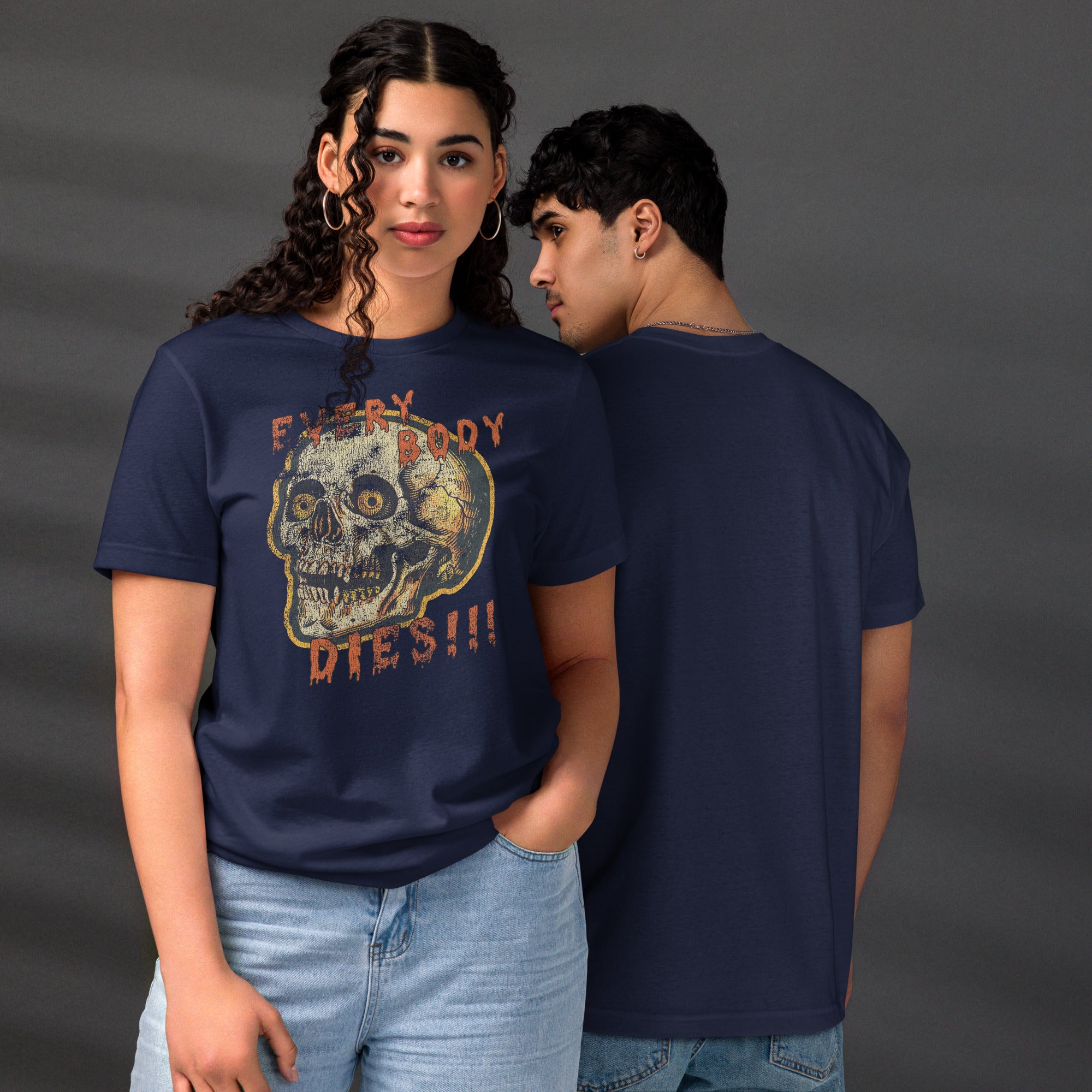 Die-cut skull with amber eyes and dripping orange horror font reading EVERY BODY DIES, vintage pulp style, Artificial Perdition apparel