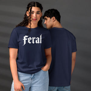 Feral in white blackletter font on dark heather grey t-shirt, bold single word graphic design, Artificial Perdition apparel
