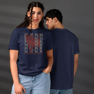 Snarling cat breaking through chains with UNGOVERNABLE text, dithered halftone red on cream, Artificial Perdition apparel