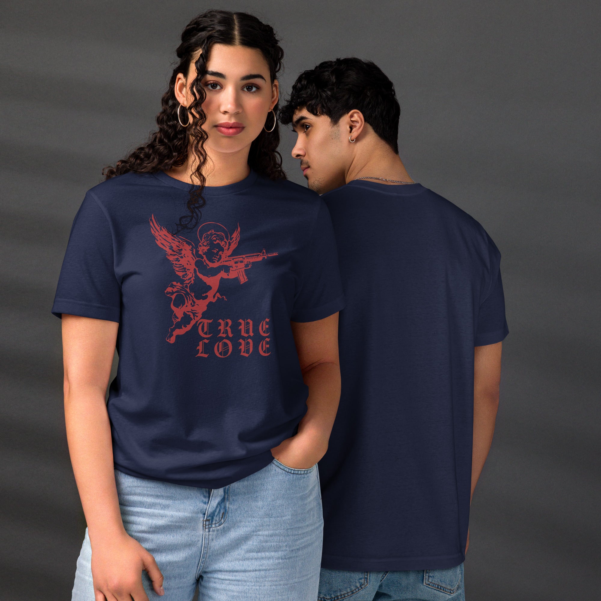 The cherub traded the bow for something heavier. True Love was never gentle. Dark irony apparel from Artificial Perdition.