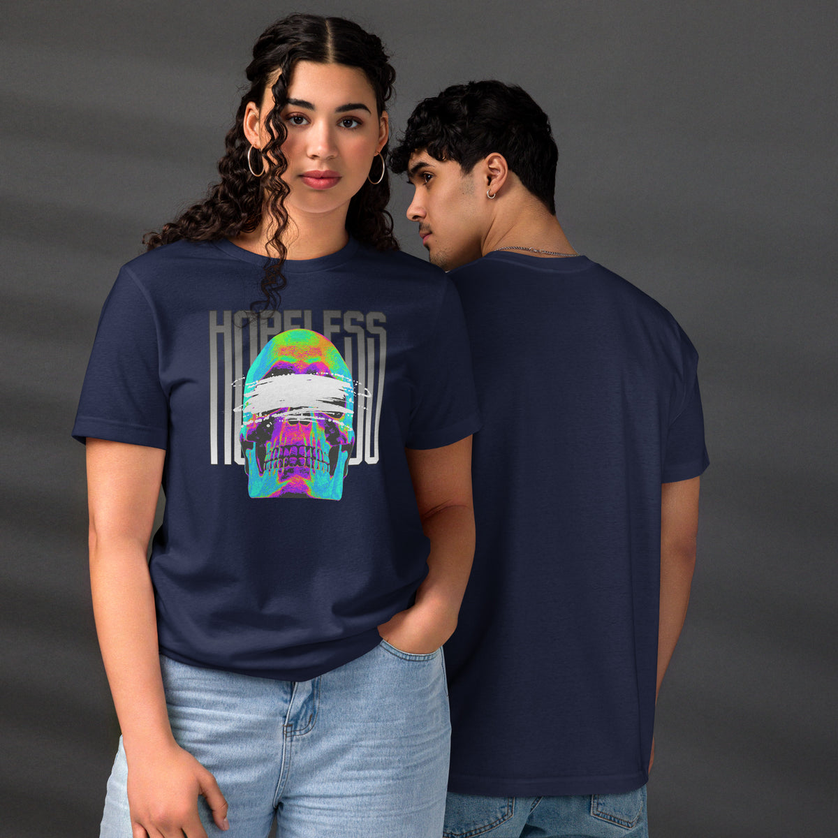 A blindfolded skull in thermal color, bold chrome lettering. Hopeless is a choice, not a diagnosis. Dark apparel from Artificial Perdition.