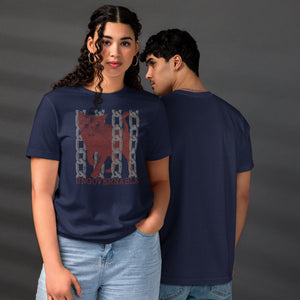Product mockupSnarling cat breaking through chains with UNGOVERNABLE text, dithered halftone red on cream, Artificial Perdition apparel