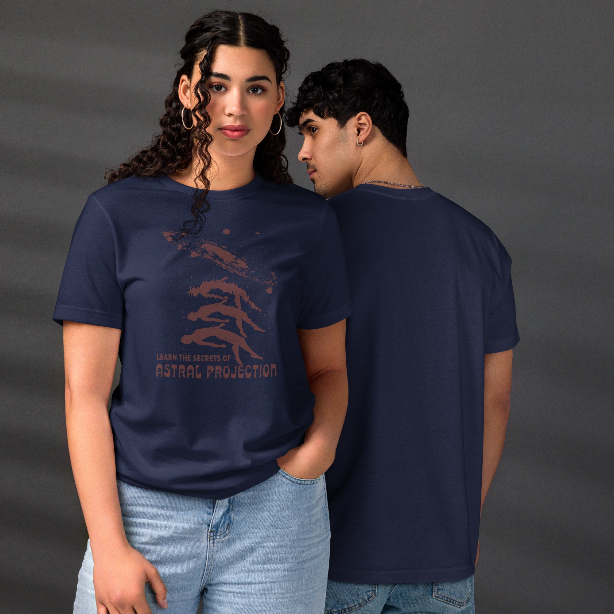 Three figures rising from a reclining body toward a spiral galaxy with Learn the Secrets of Astral Projection text, retro occult advertisement style, Artificial Perdition apparel