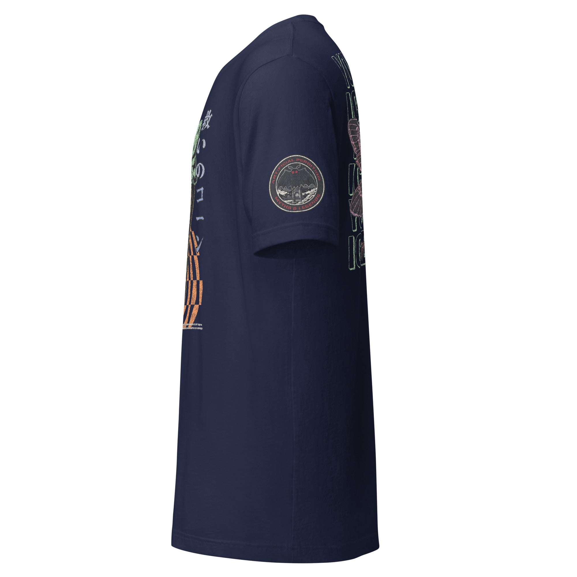 The front of a navy core tee featuring a circular badge of Mothman over a bridge with the words "artificial perdition | myths and legends," on the left sleeve.