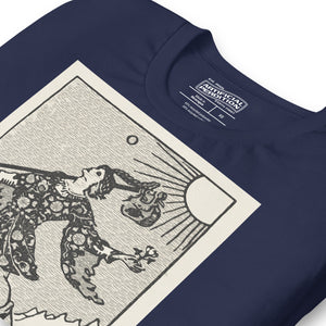 Recycled blend t-shirt featuring The Fool tarot card, showing a traveler at a cliff edge with a dog and rising sun in a modern woodcut style.