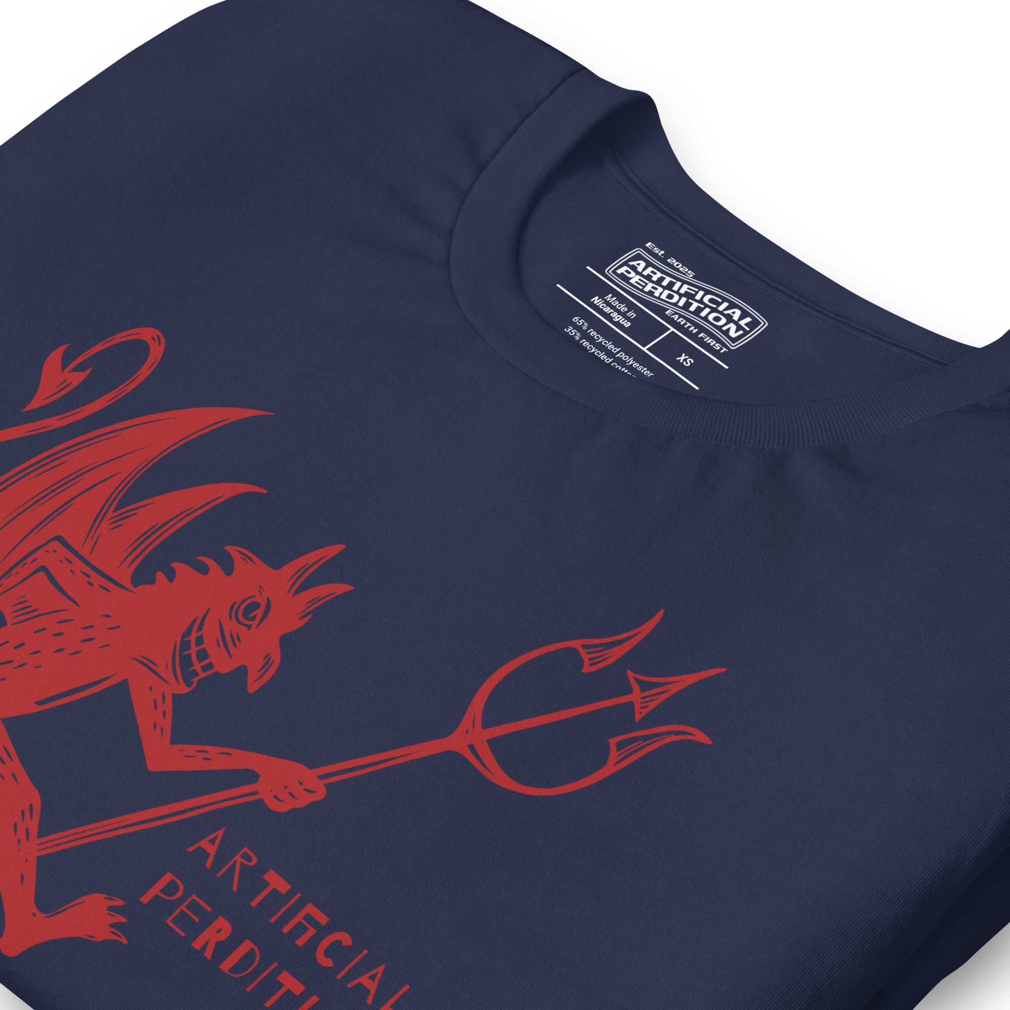 Artificial Perdition devil mascot, red illustrated devil mid-stride with trident and brand name, hand-drawn style on black, official logo tee