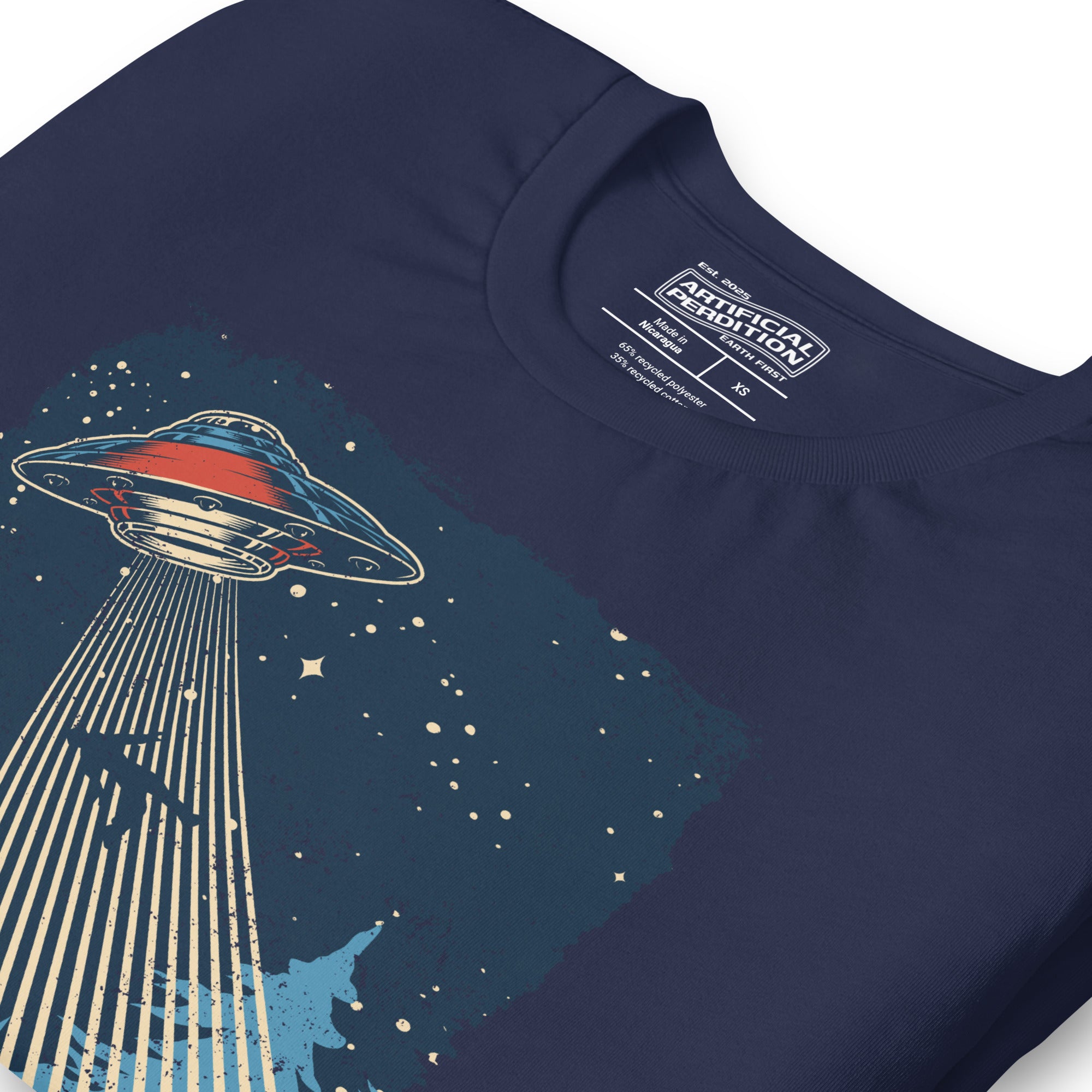 Retro poster style UFO beaming down into a midnight forest with I WANT TO LEAVE text, red and blue palette, Artificial Perdition apparel