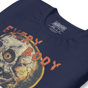 Die-cut skull with amber eyes and dripping orange horror font reading EVERY BODY DIES, vintage pulp style, Artificial Perdition apparel