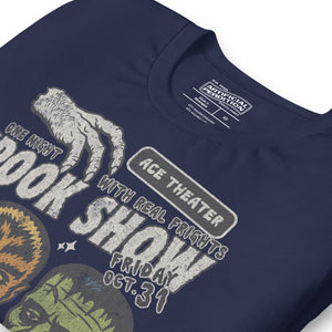 Vintage spook show poster style back print with three classic monster faces and Midnight Spook Show text, retro Halloween design, Artificial Perdition apparel