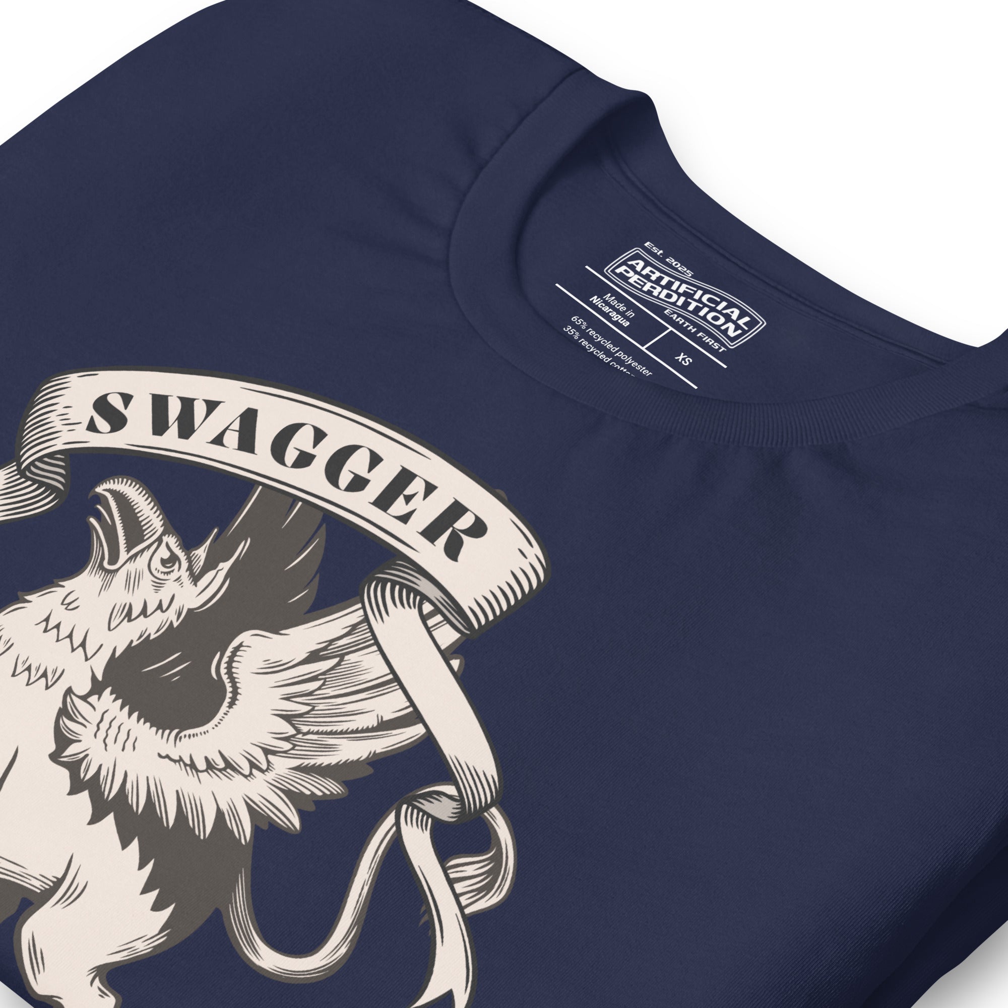 Rampant griffin in heraldic engraving style with Swagger banner ribbon, cream and black illustration, Artificial Perdition apparel