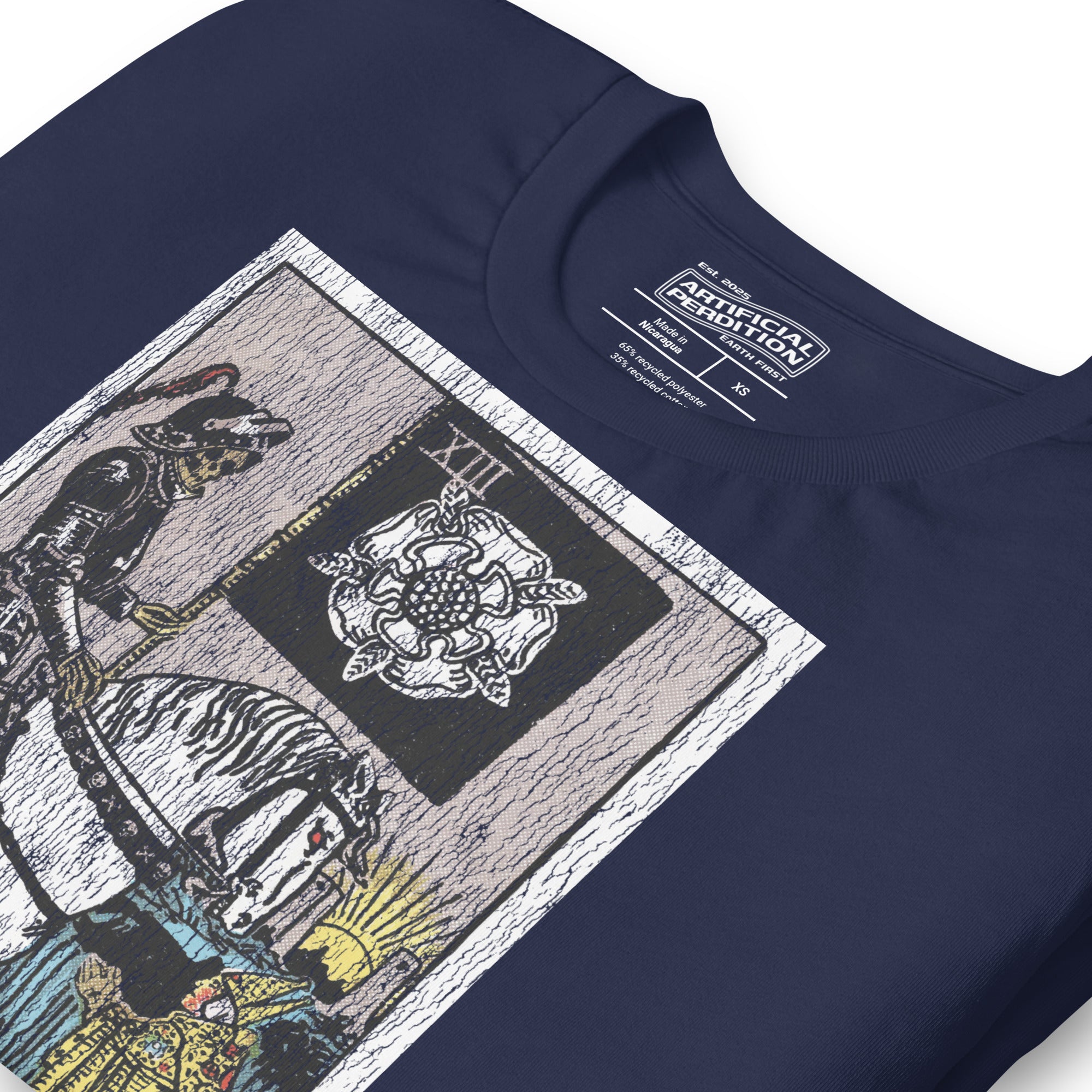 Death tarot card, skeletal horseman with black banner and white rose, figures fallen before him and sun rising on horizon, Rider-Waite style, Artificial Perdition
