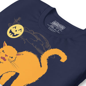 Orange arched Halloween cat hissing in graveyard scene with jack-o-lantern moon and bats, vintage poster style, Hissy Halloween, Artificial Perdition apparel