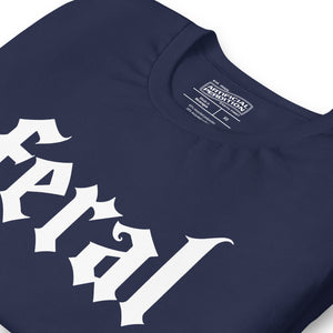 Feral in white blackletter font on dark heather grey t-shirt, bold single word graphic design, Artificial Perdition apparel
