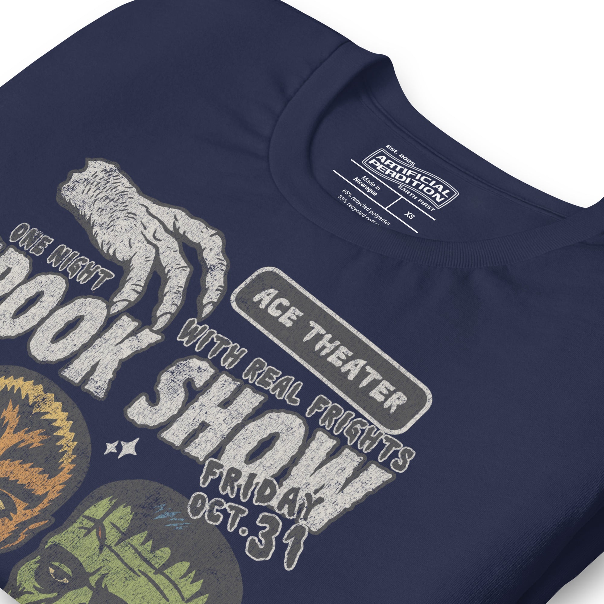 Vintage spook show poster front print with three classic monster faces, Ace Theater and Monster Mania text, distressed style on black, Artificial Perdition apparel