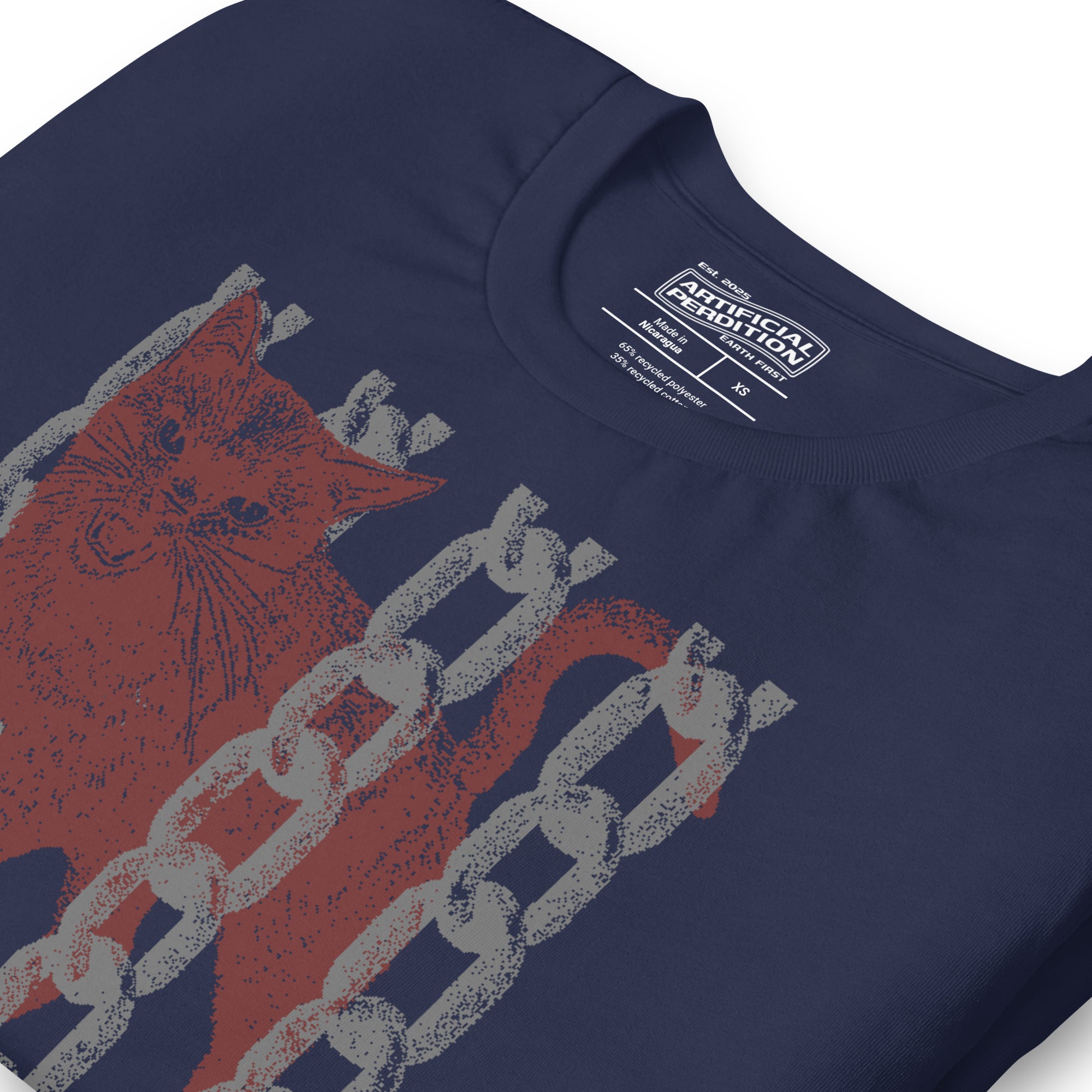 Snarling cat breaking through chains with UNGOVERNABLE text, dithered halftone red on cream, Artificial Perdition apparel