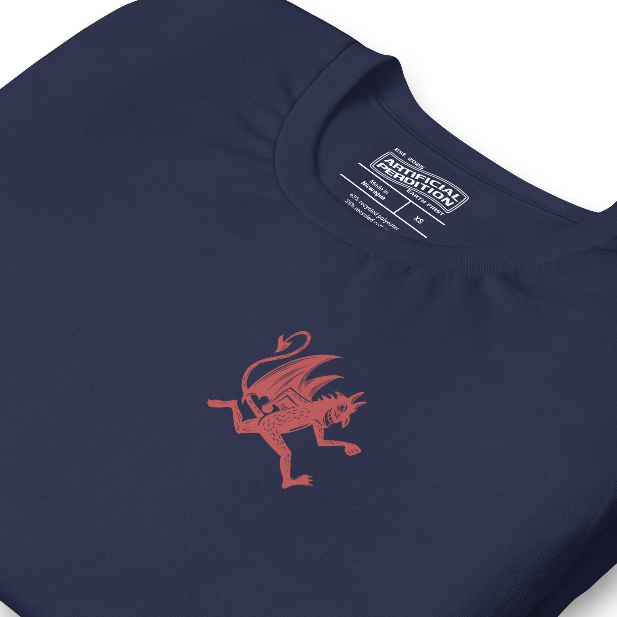 Artificial Perdition devil mascot, red illustrated devil mid-stride with trident and brand name, hand-drawn style on black, official logo tee