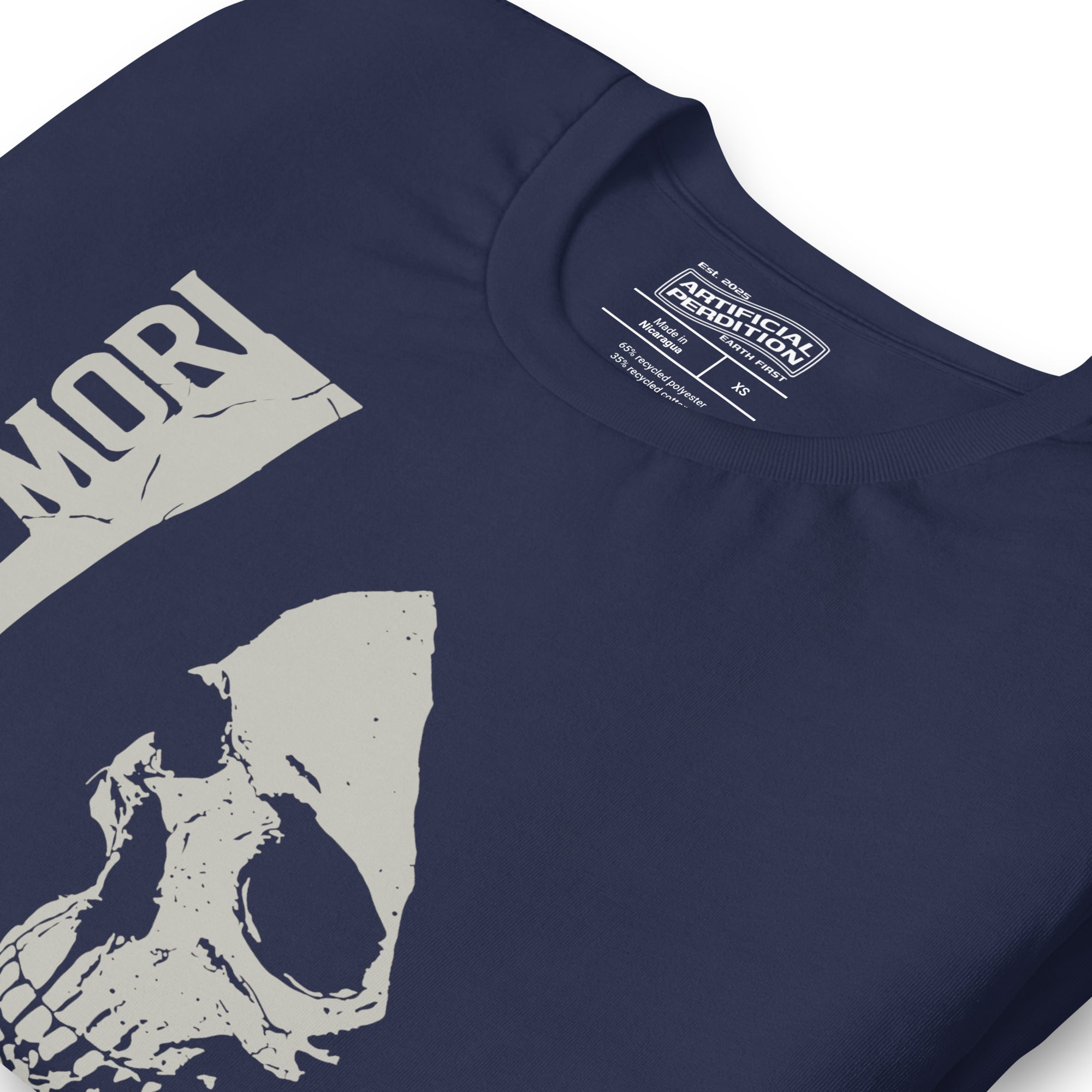 Cracked skull illustration in tombstone grey with vertical Memento Mori text and Remember Death translation, Artificial Perdition apparel