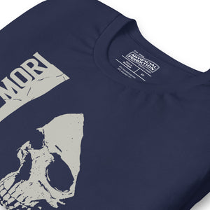 Cracked skull illustration in tombstone grey with vertical Memento Mori text and Remember Death translation, Artificial Perdition apparel