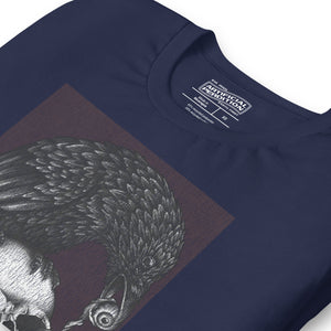 Graphite illustration of a black corvid perched on a human skull removing the eye, sprouting branch beside it, Last Look, Artificial Perdition apparel