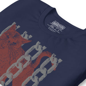 Product mockupSnarling cat breaking through chains with UNGOVERNABLE text, dithered halftone red on cream, Artificial Perdition apparel