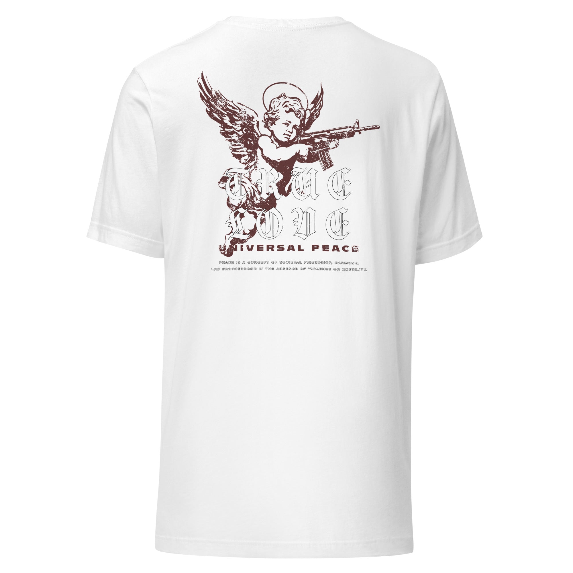 “True Love / Universal Peace” text block in distressed red on a premium eco recycled fabric white t-shirt.