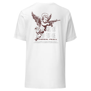 “True Love / Universal Peace” text block in distressed red on a premium eco recycled fabric white t-shirt.