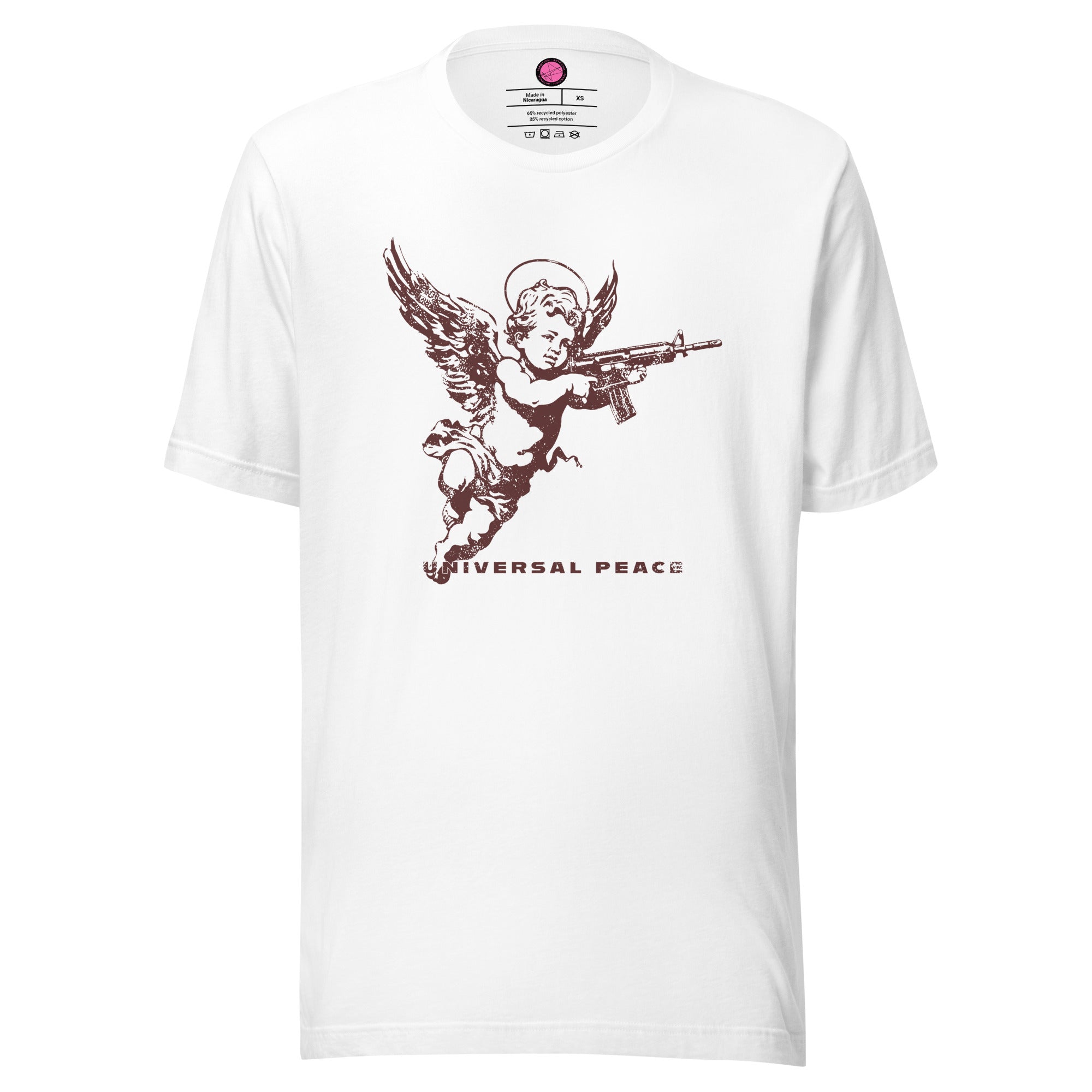 Cherub holding rifle under “Universal Peace" on a premium eco recycled fabrics white t-shirt.