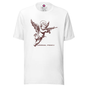 Cherub holding rifle under “Universal Peace" on a premium eco recycled fabrics white t-shirt.
