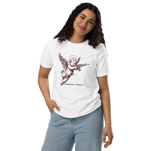 A woman standing wearing a shirt with a cherub holding rifle under “Universal Peace" on a premium eco recycled fabrics white t-shirt.