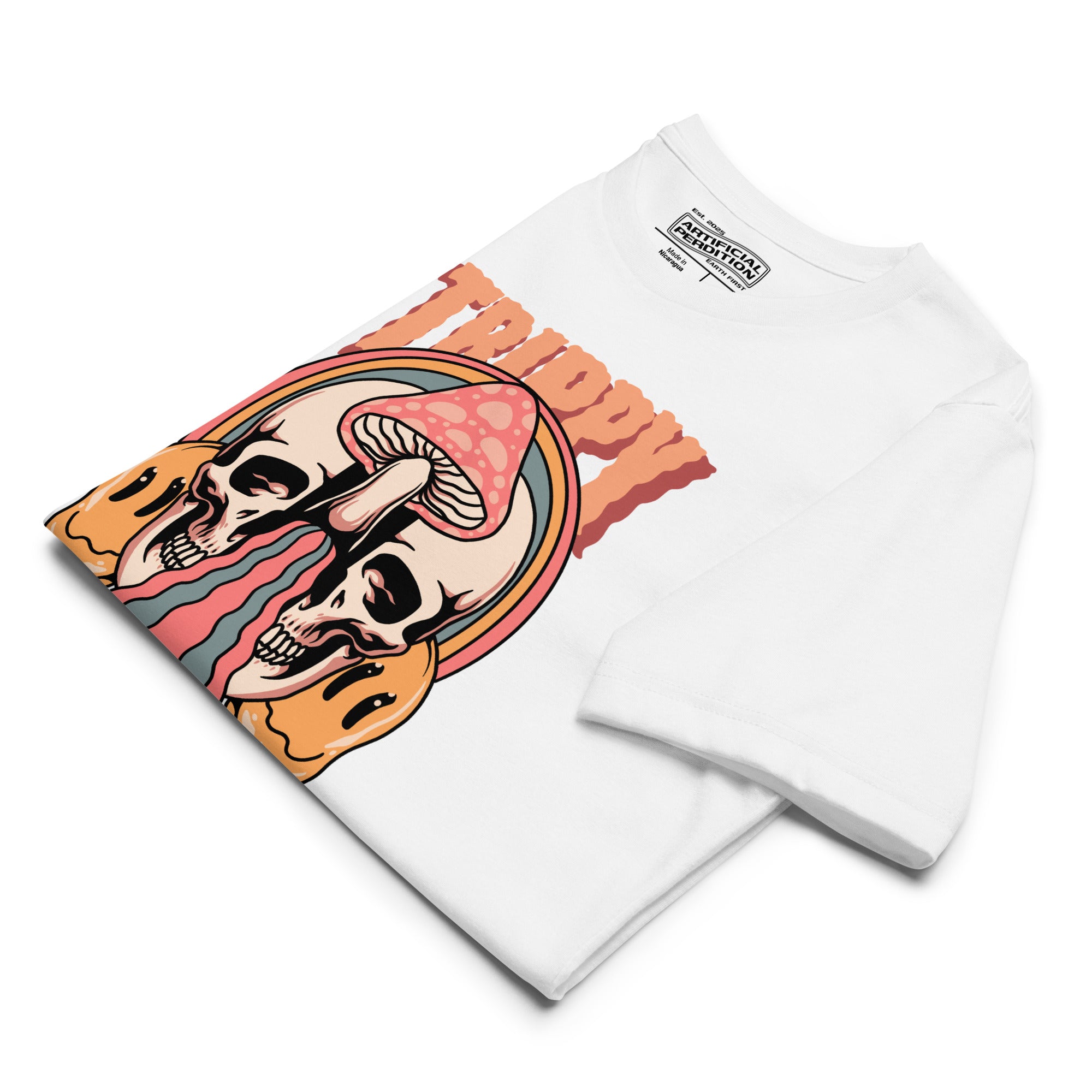 Split skull and mushroom design with melting psychedelic flow and smiley faces. Soft recycled tee with eco-friendly inks. Trippy, liminal, bold.