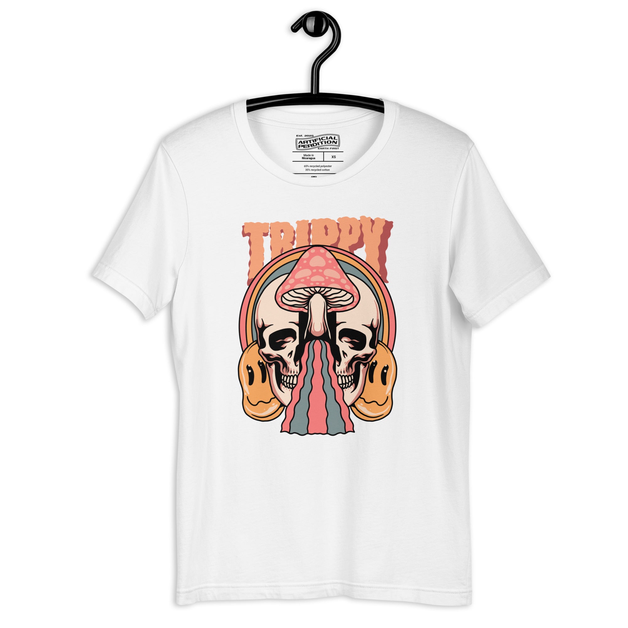 Split skull and mushroom design with melting psychedelic flow and smiley faces. Soft recycled tee with eco-friendly inks. Trippy, liminal, bold.