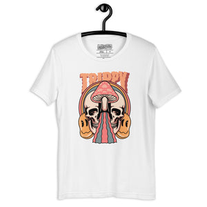 Split skull and mushroom design with melting psychedelic flow and smiley faces. Soft recycled tee with eco-friendly inks. Trippy, liminal, bold.
