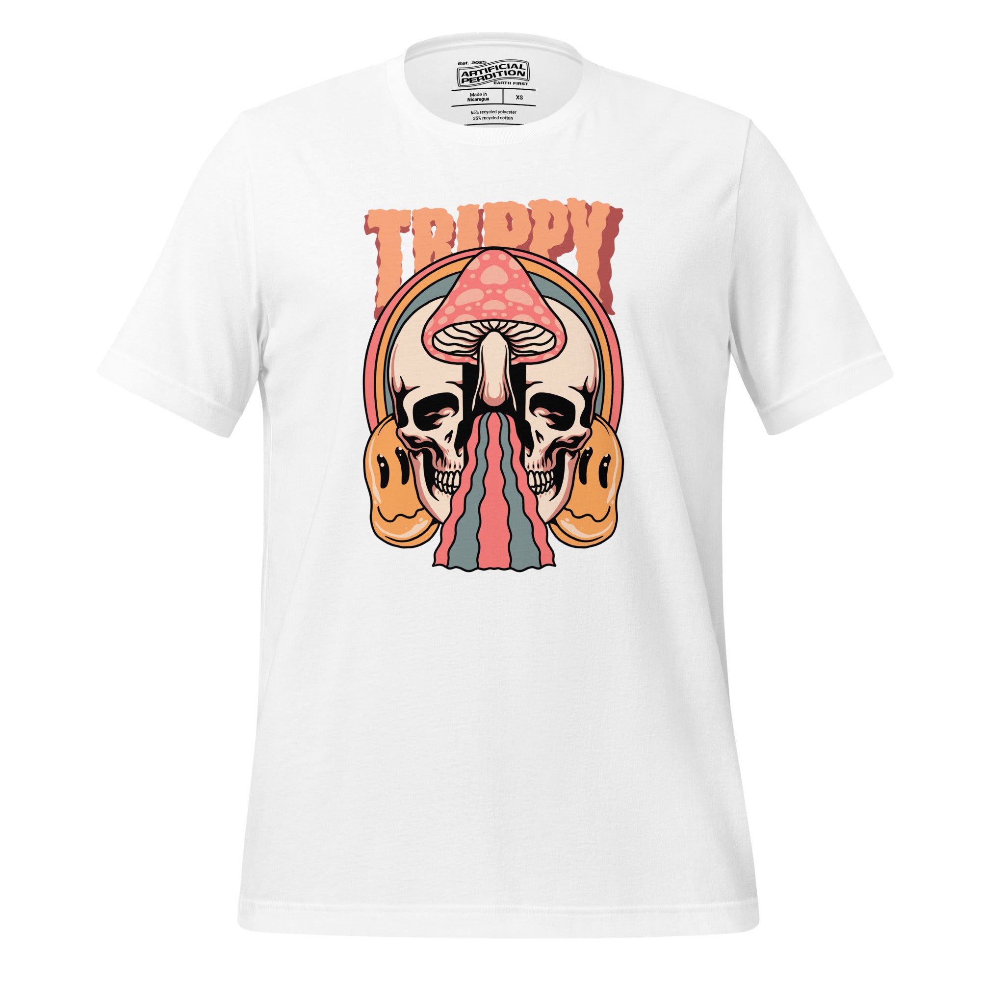 Split skull and mushroom design with melting psychedelic flow and smiley faces. Soft recycled tee with eco-friendly inks. Trippy, liminal, bold.