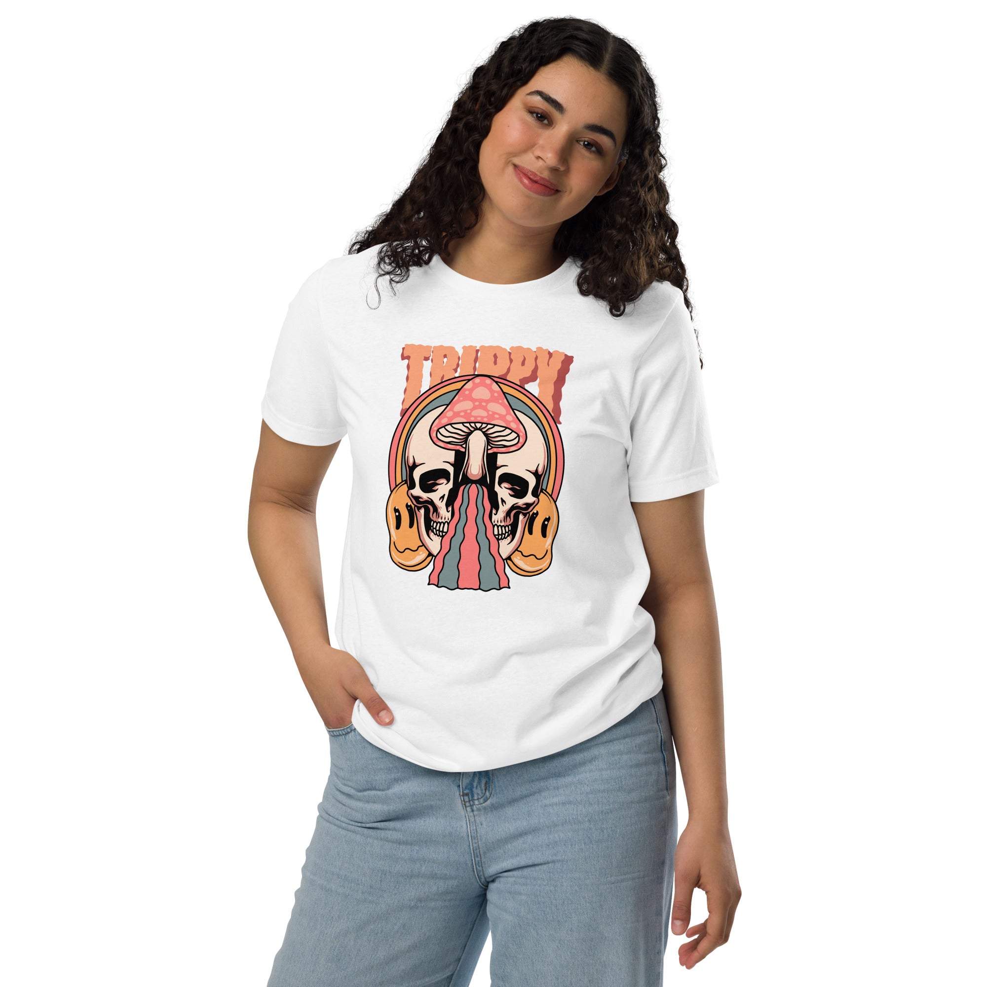 Split skull and mushroom design with melting psychedelic flow and smiley faces. Soft recycled tee with eco-friendly inks. Trippy, liminal, bold.