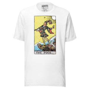 The Fool tarot card, figure at cliff's edge with staff and flower, dog at heel, vintage Rider-Waite engraving style, Artificial Perdition