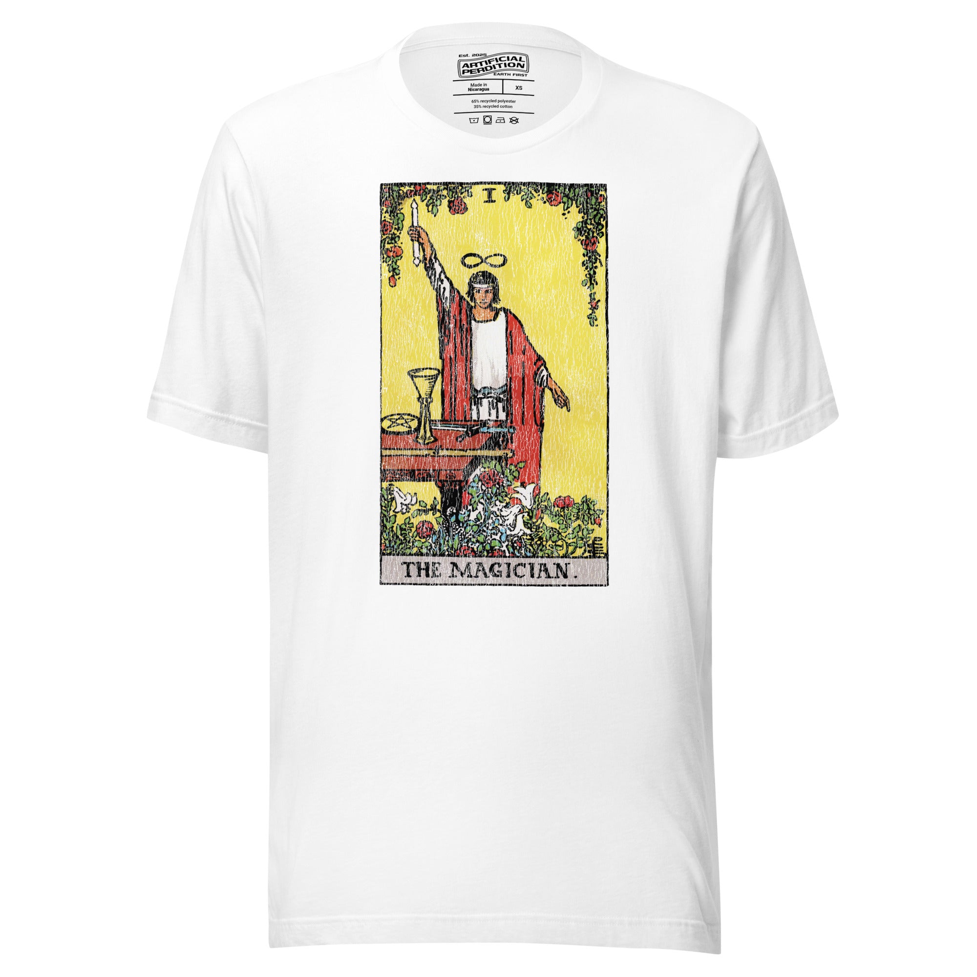 The Magician tarot card, robed figure with wand raised and lemniscate overhead, four suits on table, Rider-Waite style, Artificial Perdition