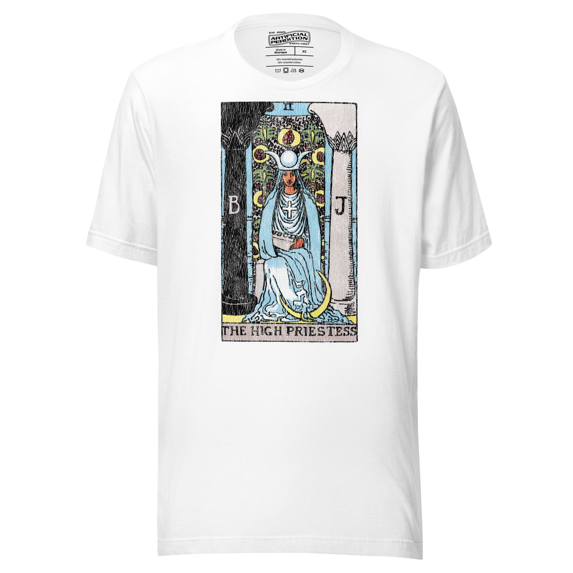 The High Priestess tarot card, robed figure seated between two pillars with scroll and crescent moon, Rider-Waite style, Artificial Perdition