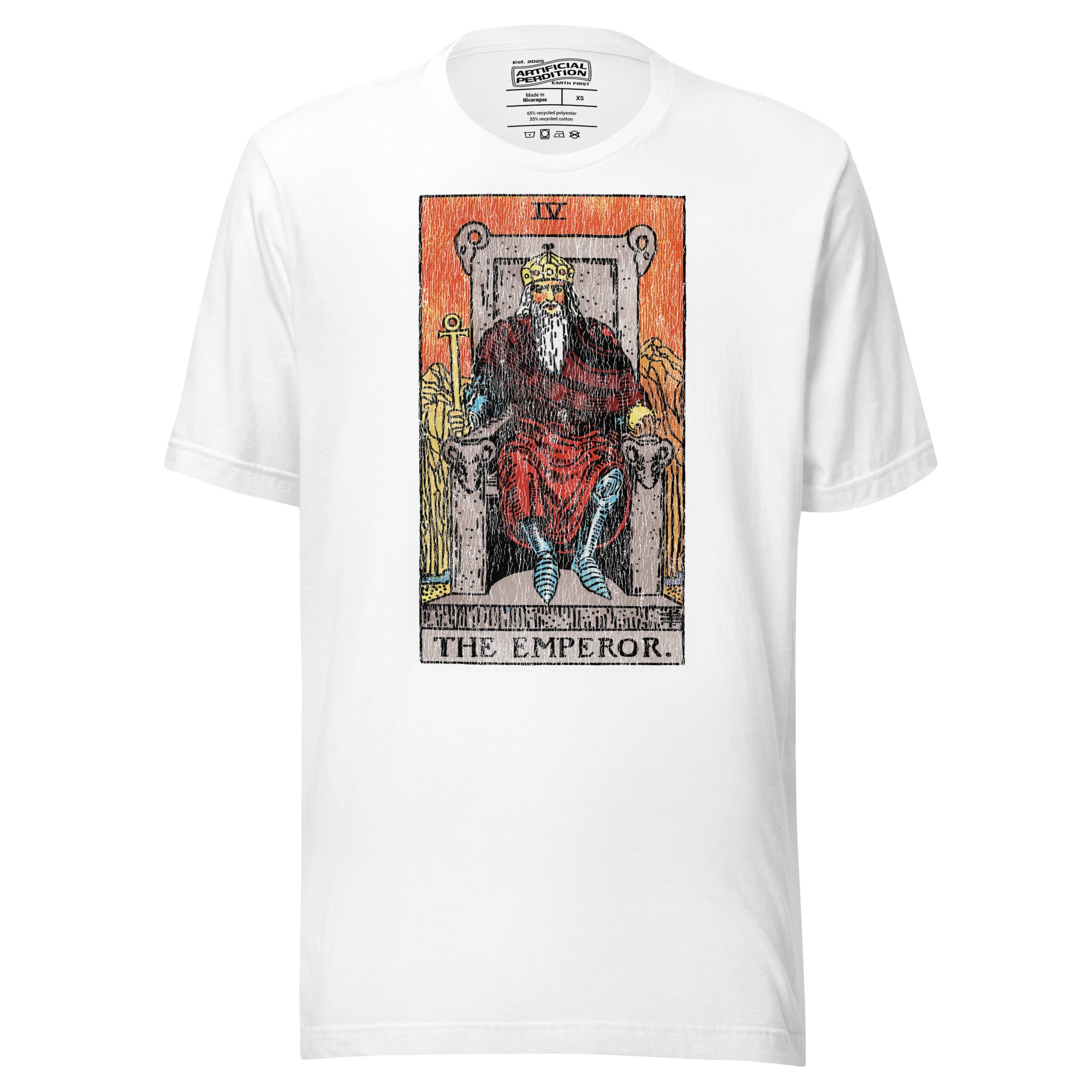 The Emperor tarot card, armored sovereign on ram-flanked throne with ankh sceptre and orb, Rider-Waite style, Artificial Perdition